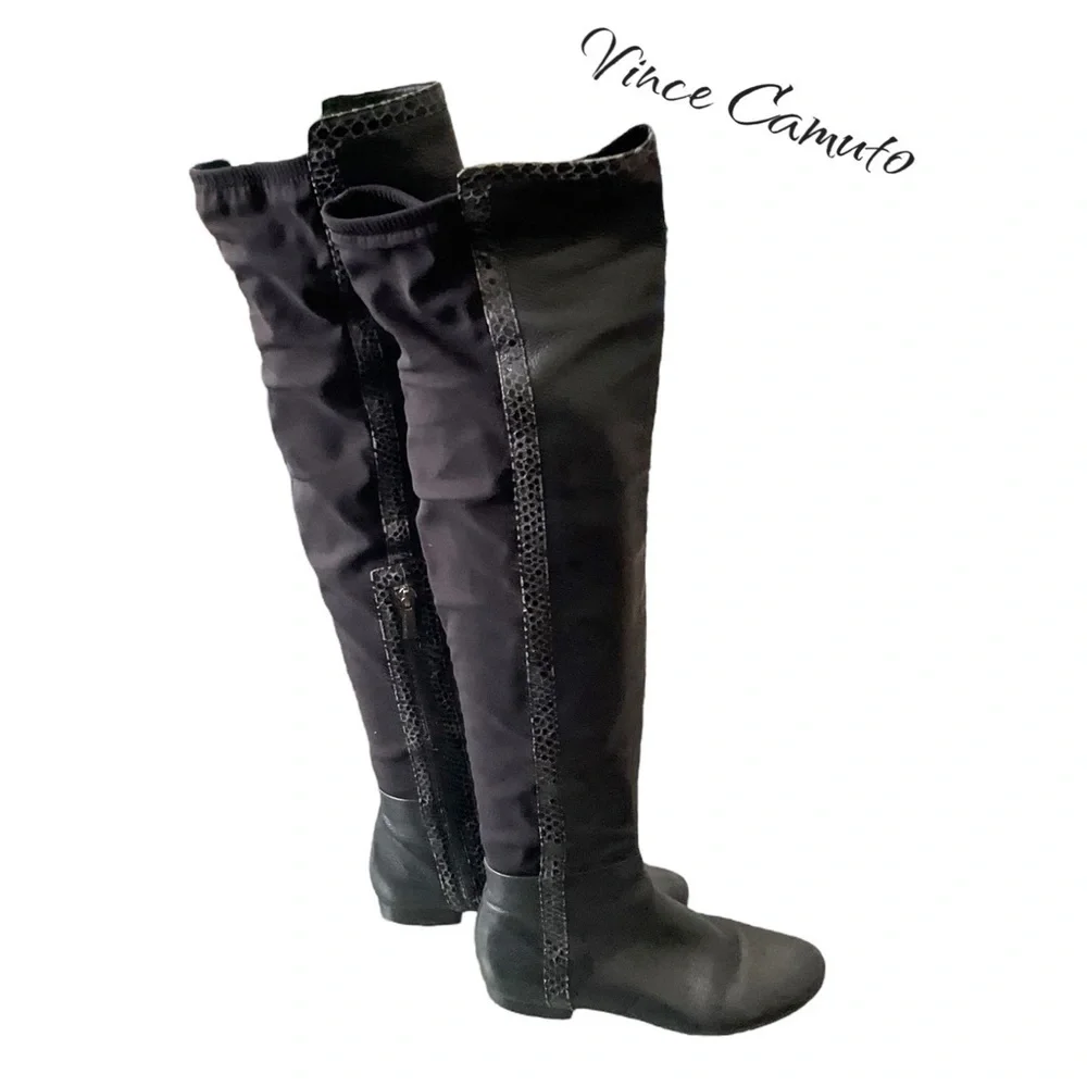 Vince Camuto Women Tall Black Leather Faux Suede Zipper Boot Size 5